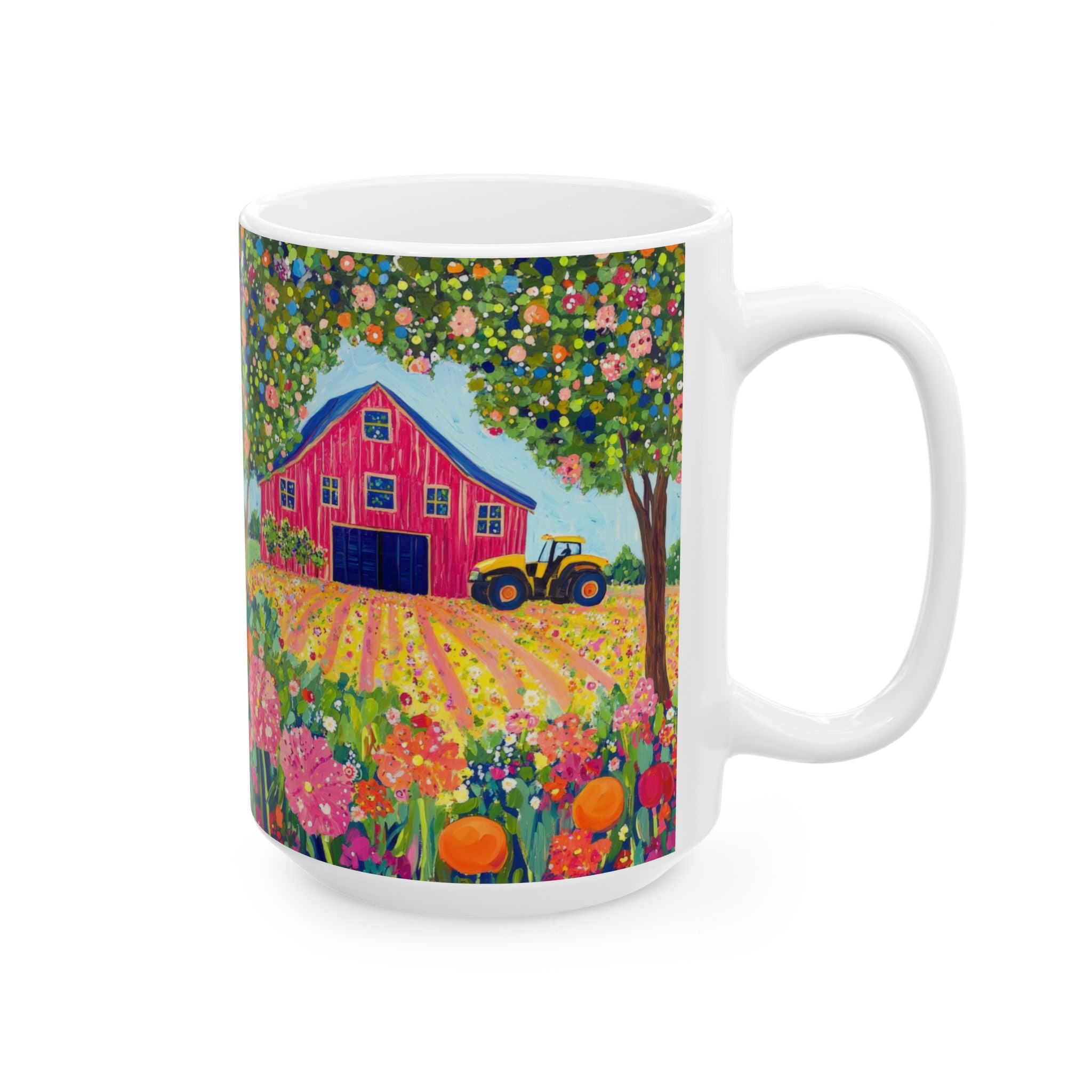 Mug with a colorful design of a red barn, tractor, and flowers on a white background