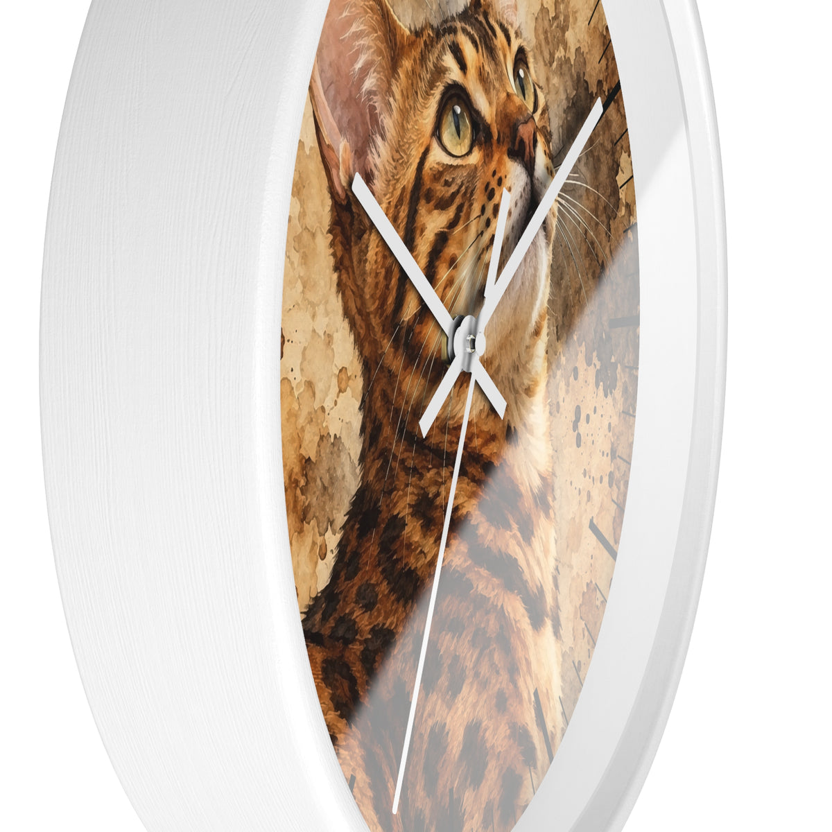 Round wall clock with a white frame and a printed cat face and fur pattern on the face, with white hands, shown against a plain white background.