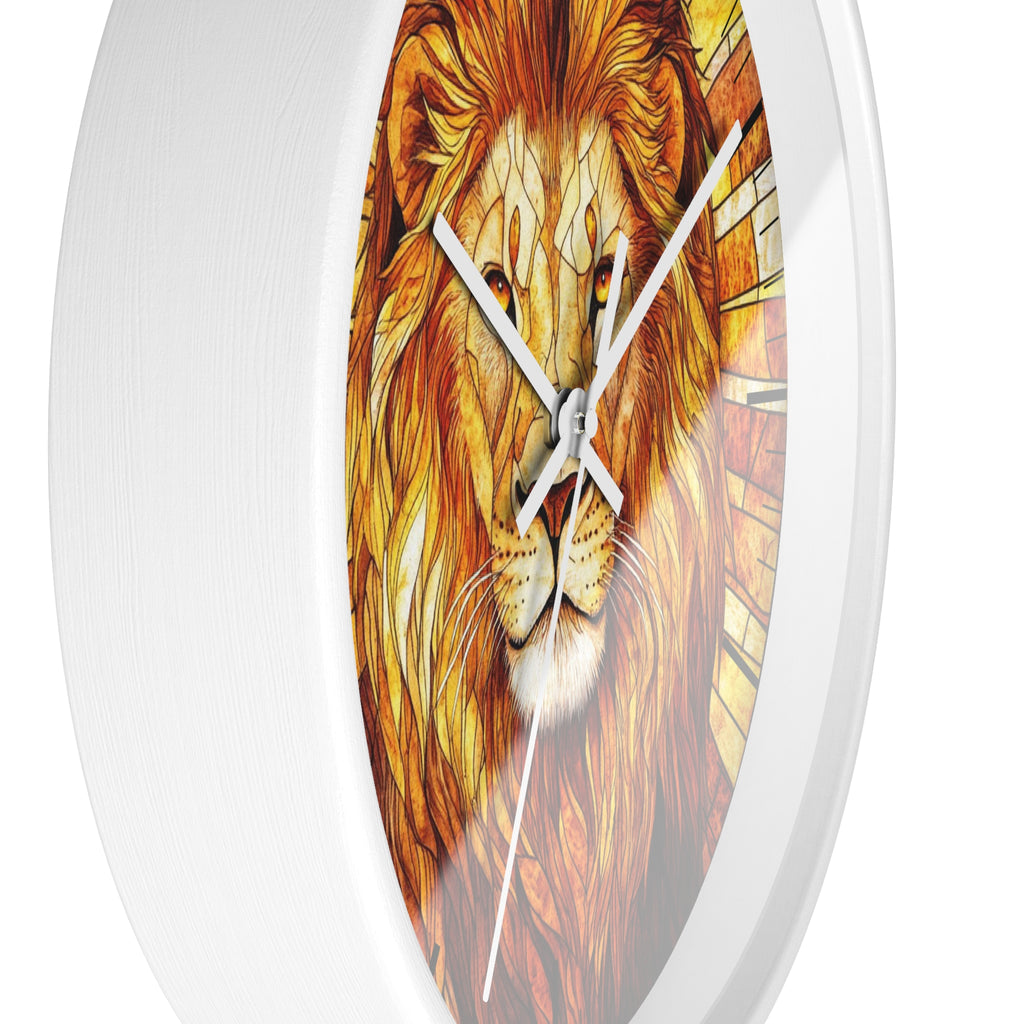 Round wall clock with a white frame and a printed lion face design on the front, featuring white clock hands.