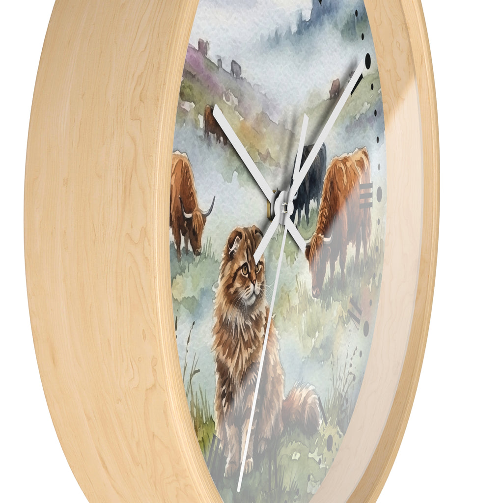 Highland Cattle and Scottish Fold Cat Watercolor Wood Wall Clock
