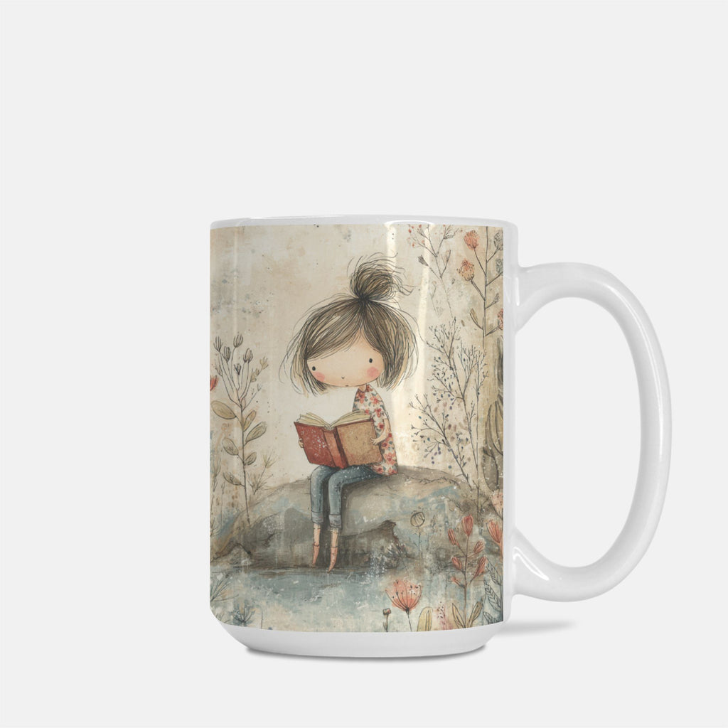 Mug with a design of a girl reading a book in a natural setting