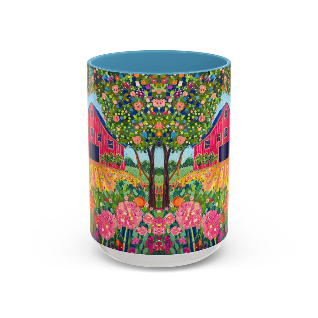 Colorful mug with a garden scene featuring flowers and a house on a white background