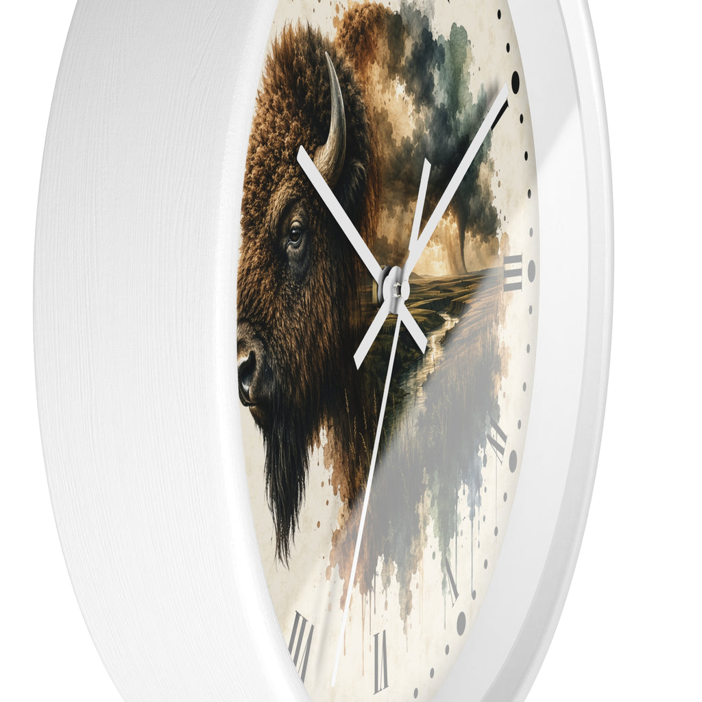 A round white wall clock with a printed bison and landscape artwork on the face, shown against a plain white background.