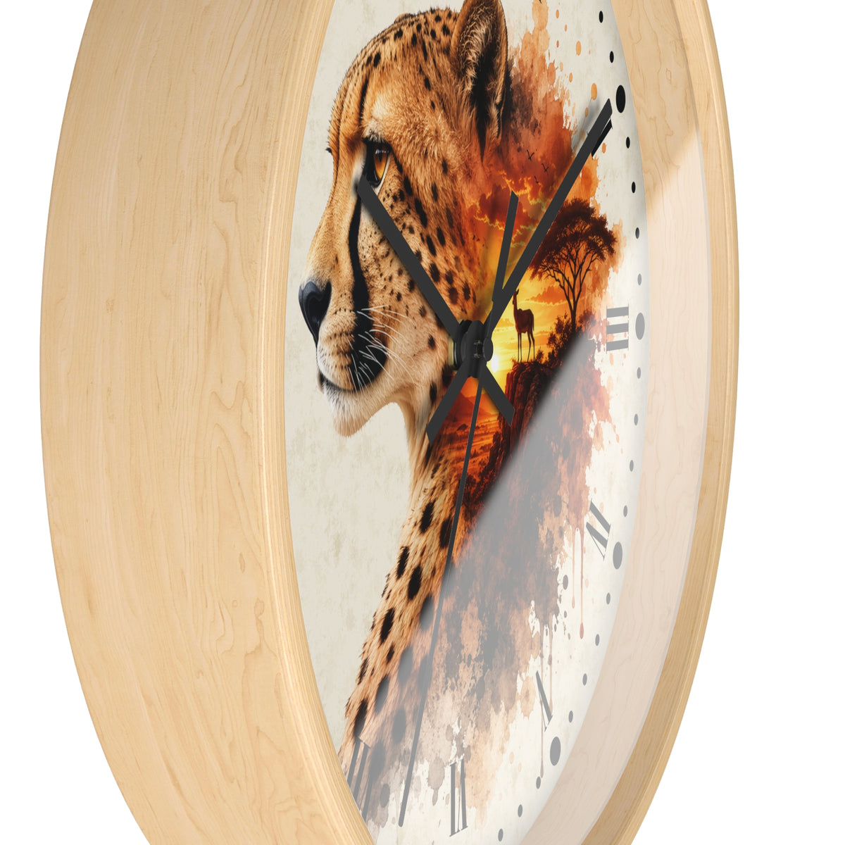 Round wall clock with a light natural wood frame and a printed face featuring a cheetah profile blending into an orange sunset scene, with black clock hands and Roman numerals.