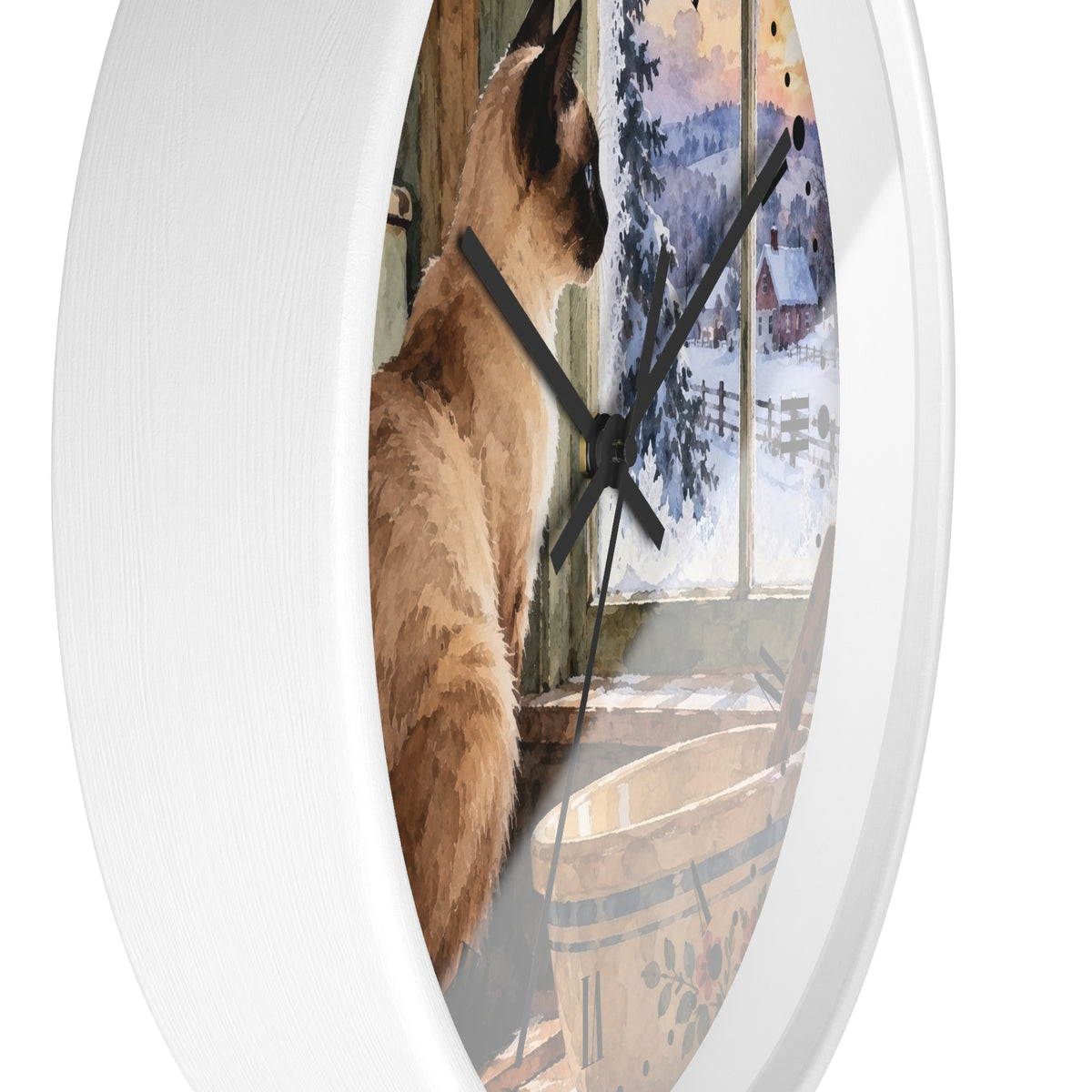 Siamese Cat by the Winter Kitchen Window Wood Wall Clock