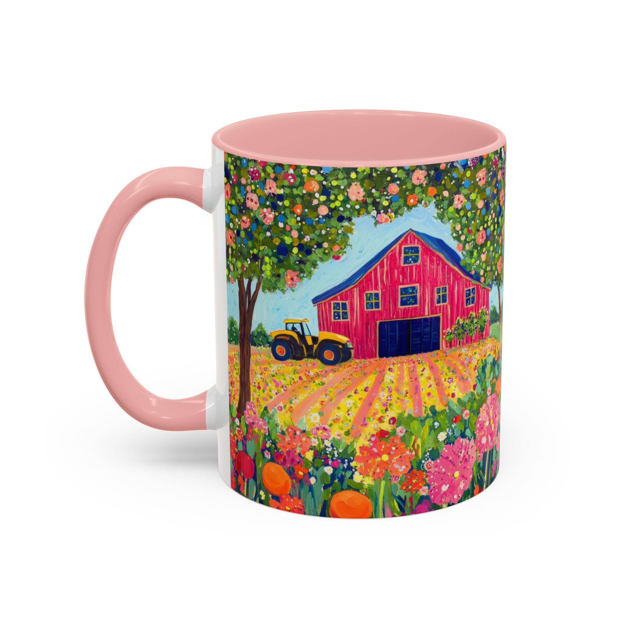 Mug with a colorful farm scene design featuring a pink interior and handle.
