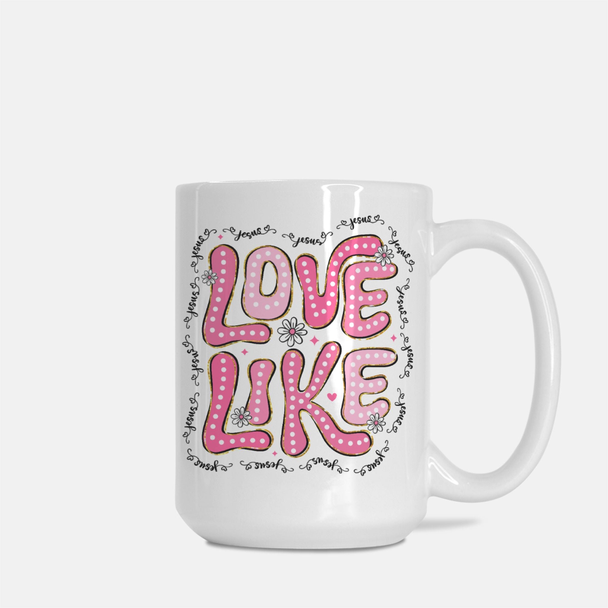 White mug with pink text 'LOVE LIKE' on a white background