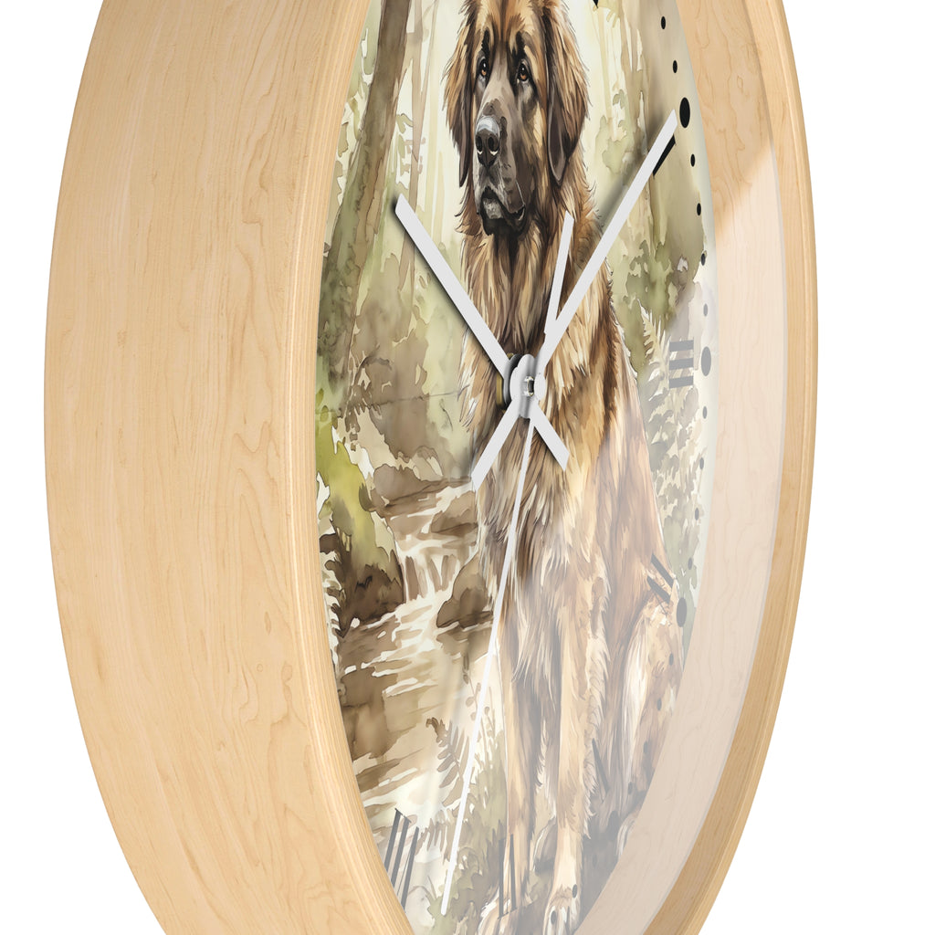 Round wall clock with a light natural wood frame and a printed illustration of a Leonberger dog in a forest scene on the clock face, with white hands.