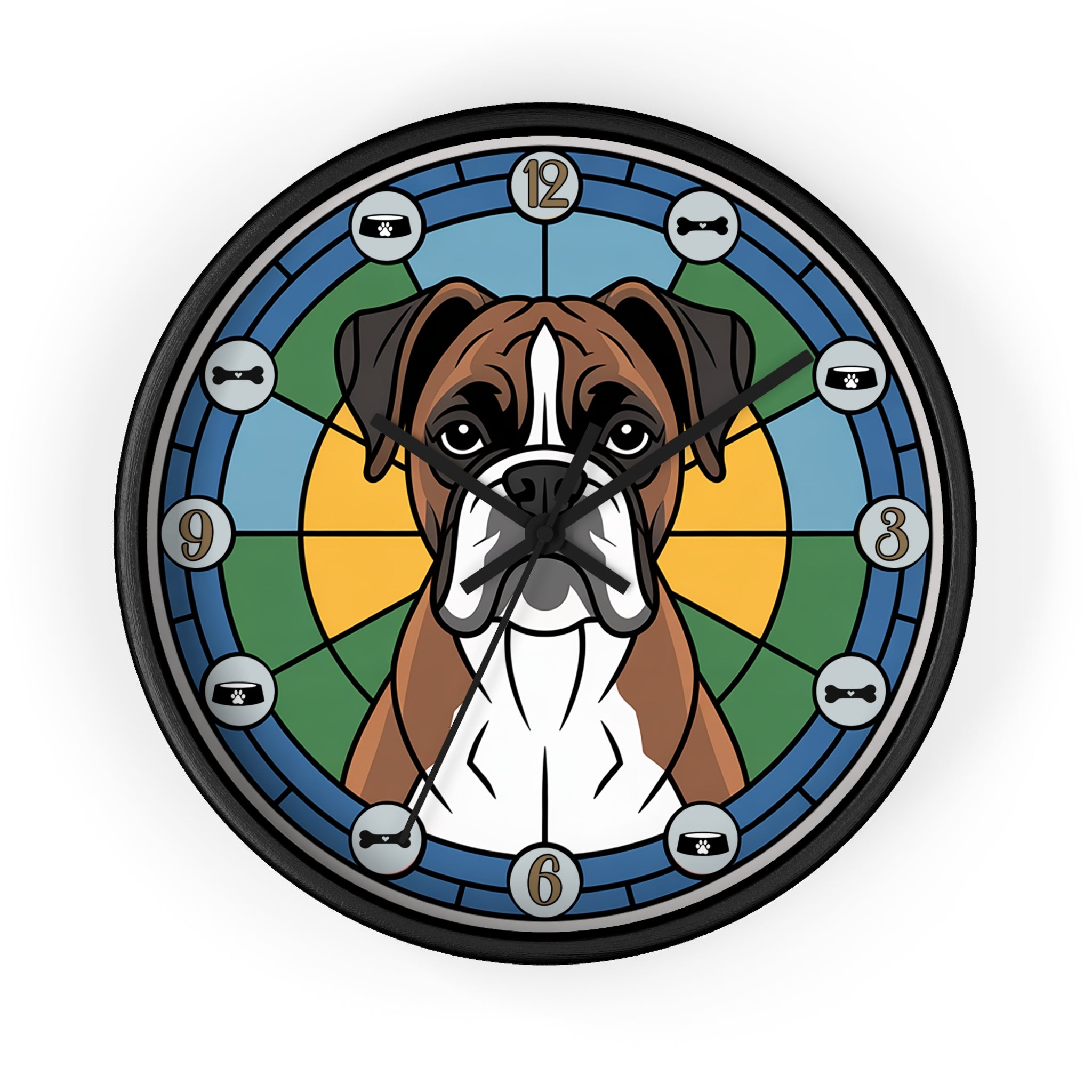 Decorative wall clock with a dog illustration on a white background