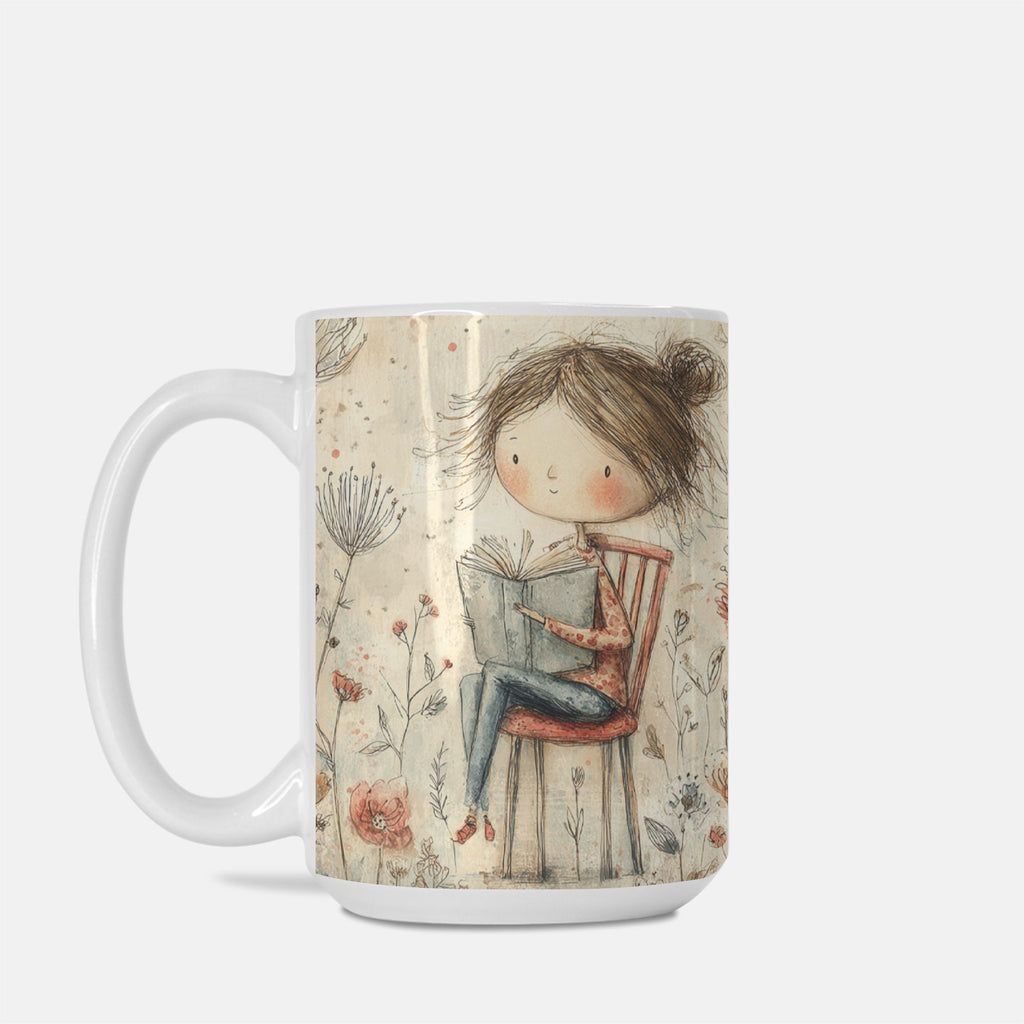 Mug with a design of a girl reading a book on a floral background