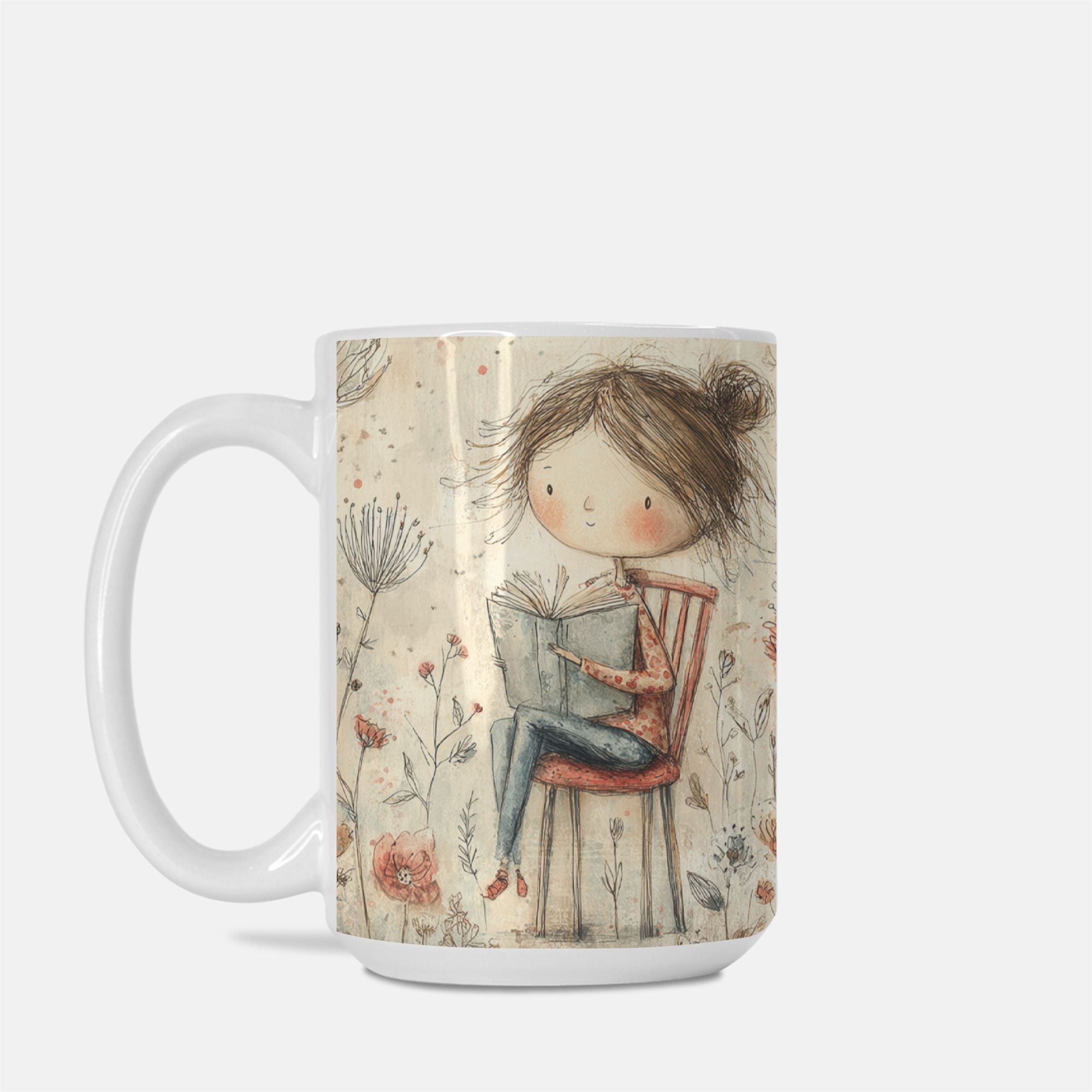 Mug with a design of a girl reading a book on a floral background
