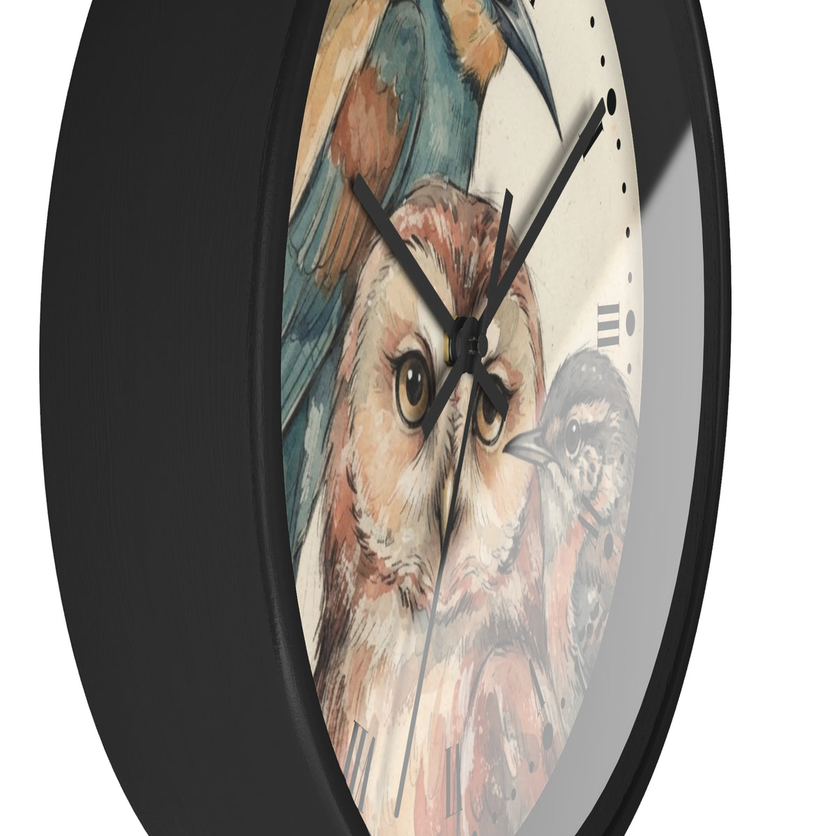 A close-up of a round wall clock with a black frame and a bird illustration on the face, featuring an owl in the center, Roman numerals, and black hands against a white background.