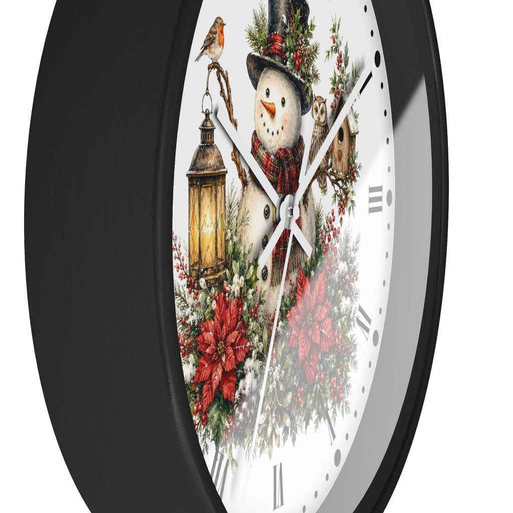 Christmas Snowman & Woodland Friends Wall Clock — Festive Poinsettia Flower Holiday Decor