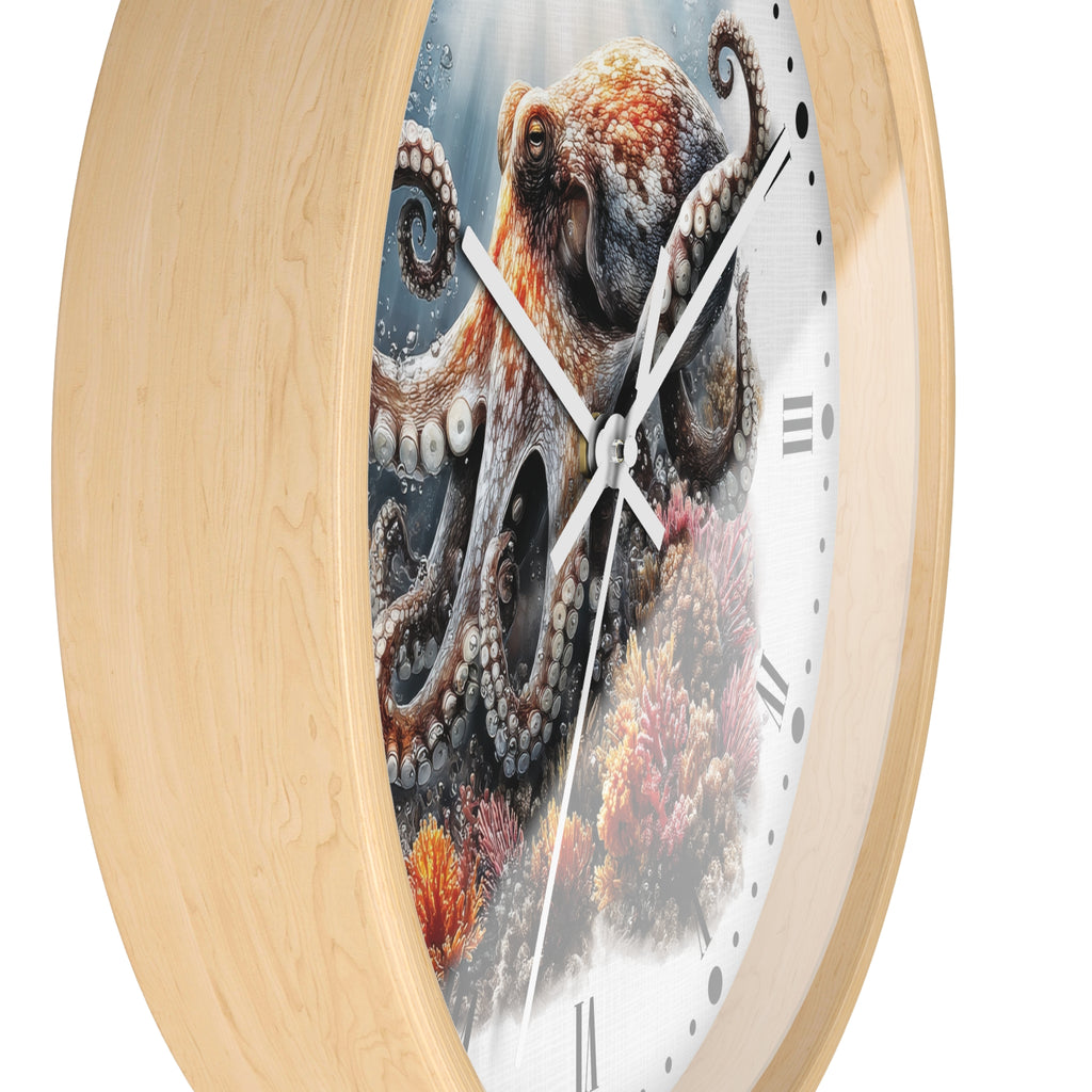 A close-up of a round wall clock with a light natural wood frame and a printed octopus undersea design on the face, shown against a plain white background.