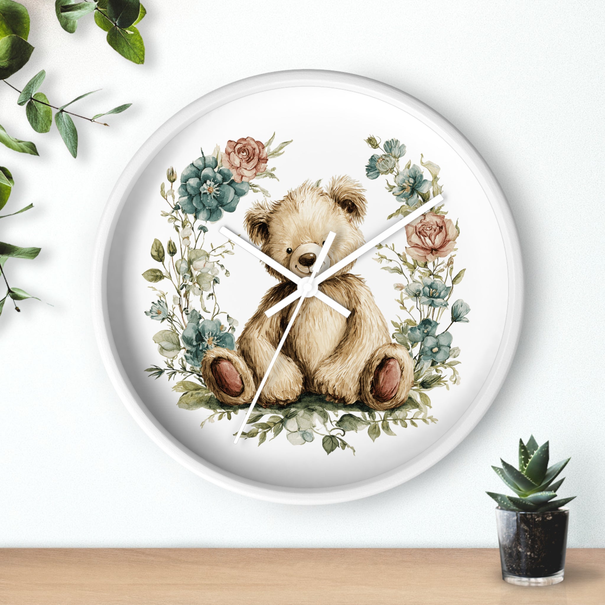 Teddy Bear Floral Wall Clock - Multiple Colors — Cute Nursery Clock for Baby Shower, Kids’ Room Decor