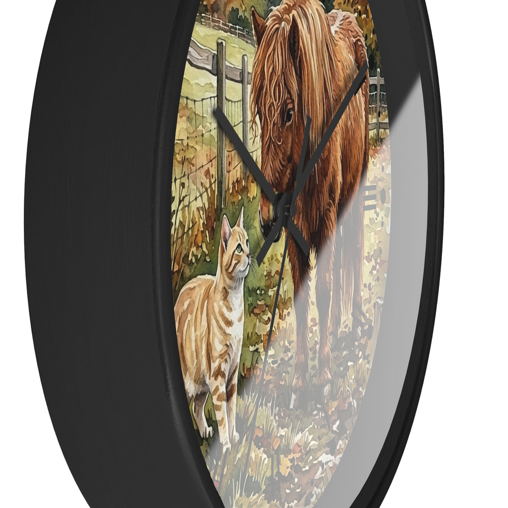 Pony and Tabby Cat Farmhouse Wood Wall Clock