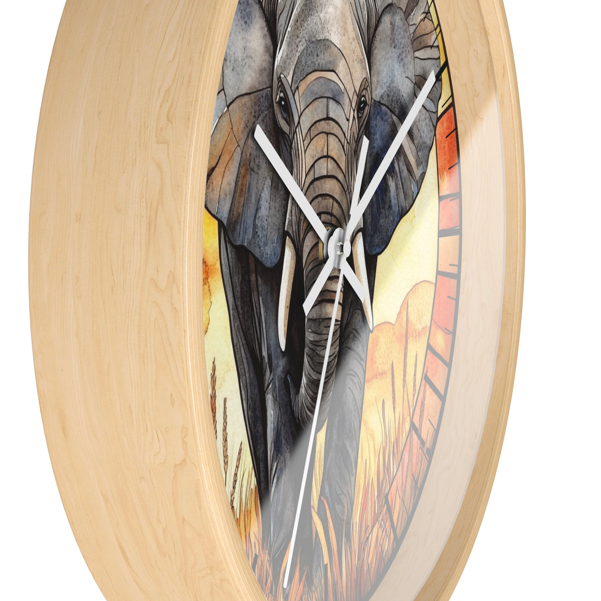 Round wall clock with a light natural wood frame and a printed elephant illustration on the face, shown against a plain white background.