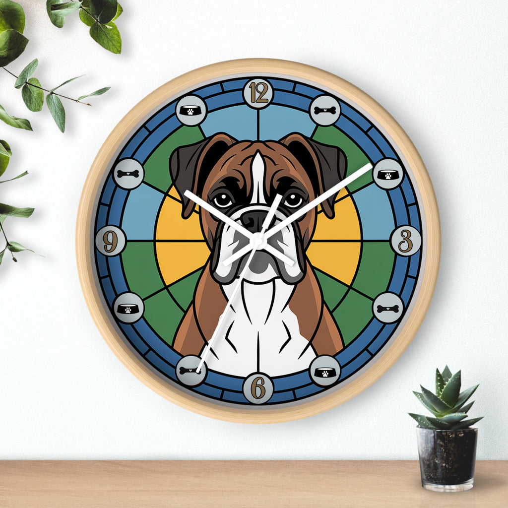 Wall clock with a dog design on a white wall with a plant in the background