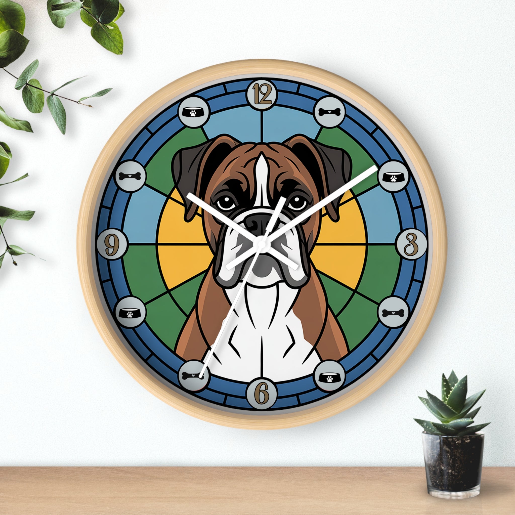 Wall clock with a dog design on a white wall with a plant in the background