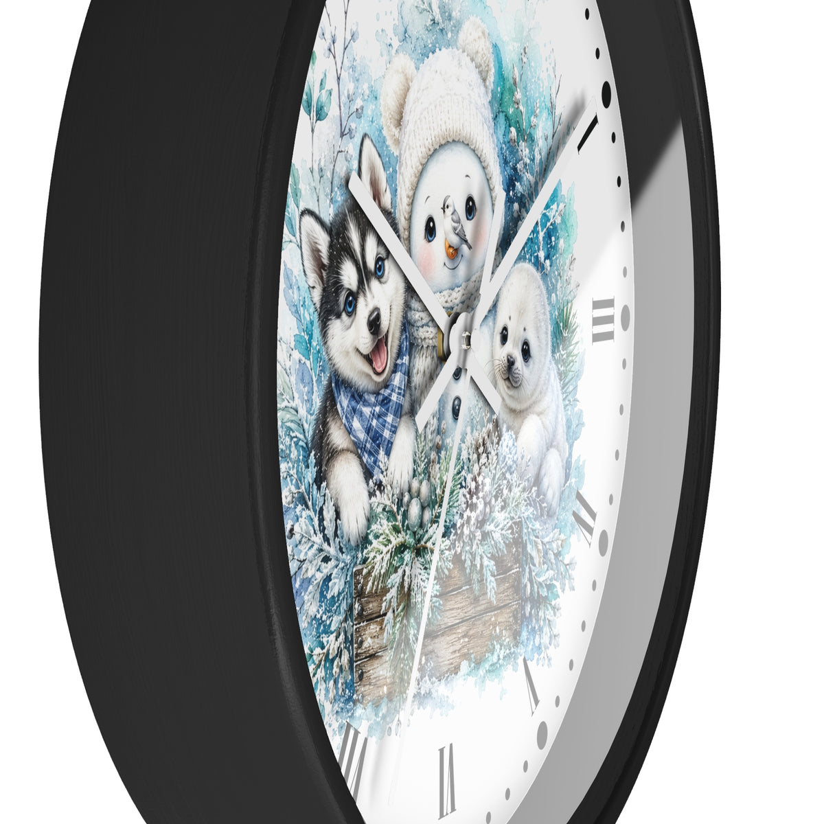 Winter Friends Wall Clock — Snowman, Husky & Seal Holiday Decor