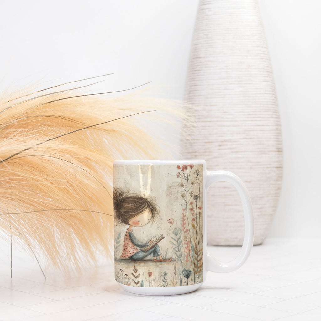Mug with a decorative design of a child reading a book, placed on a light surface with a vase and feathers in the background.
