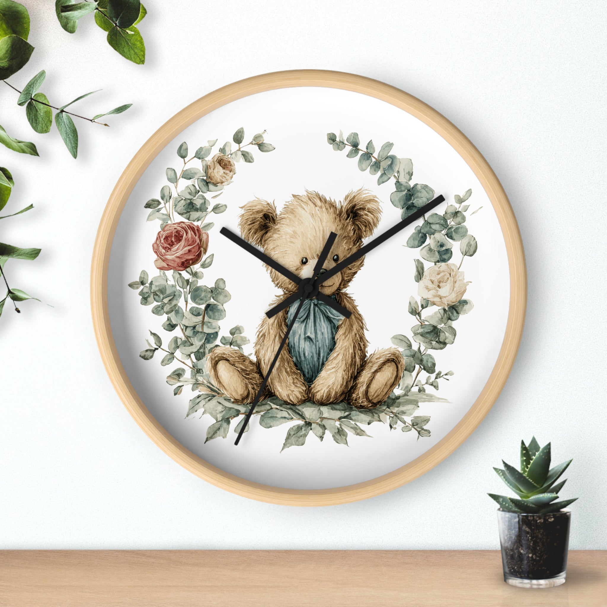 Teddy Bear Floral Wall Clock - Multiple Colors — Nursery Decor Clock with Soft Vintage Illustration