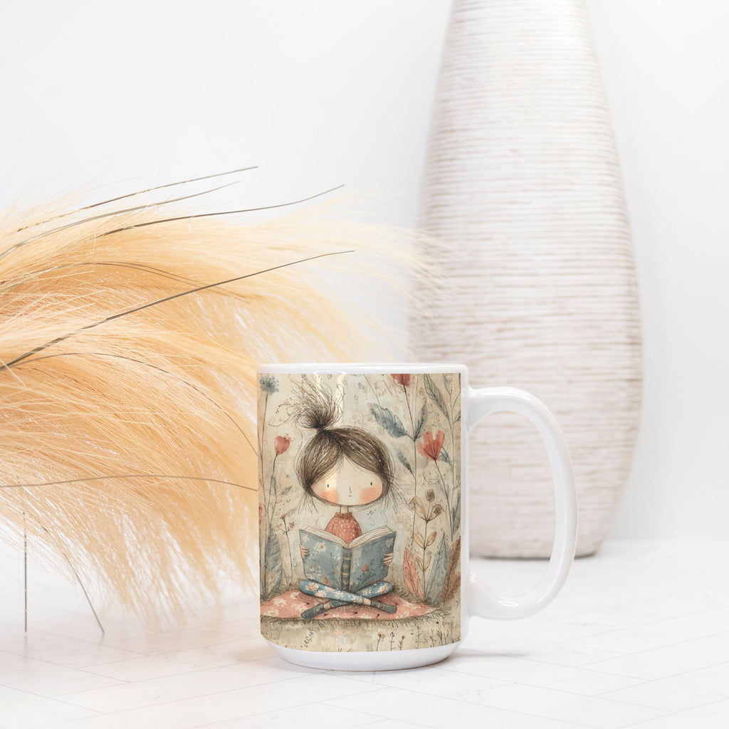 Mug with a design of a child reading a book, placed on a light surface with decorative elements.
