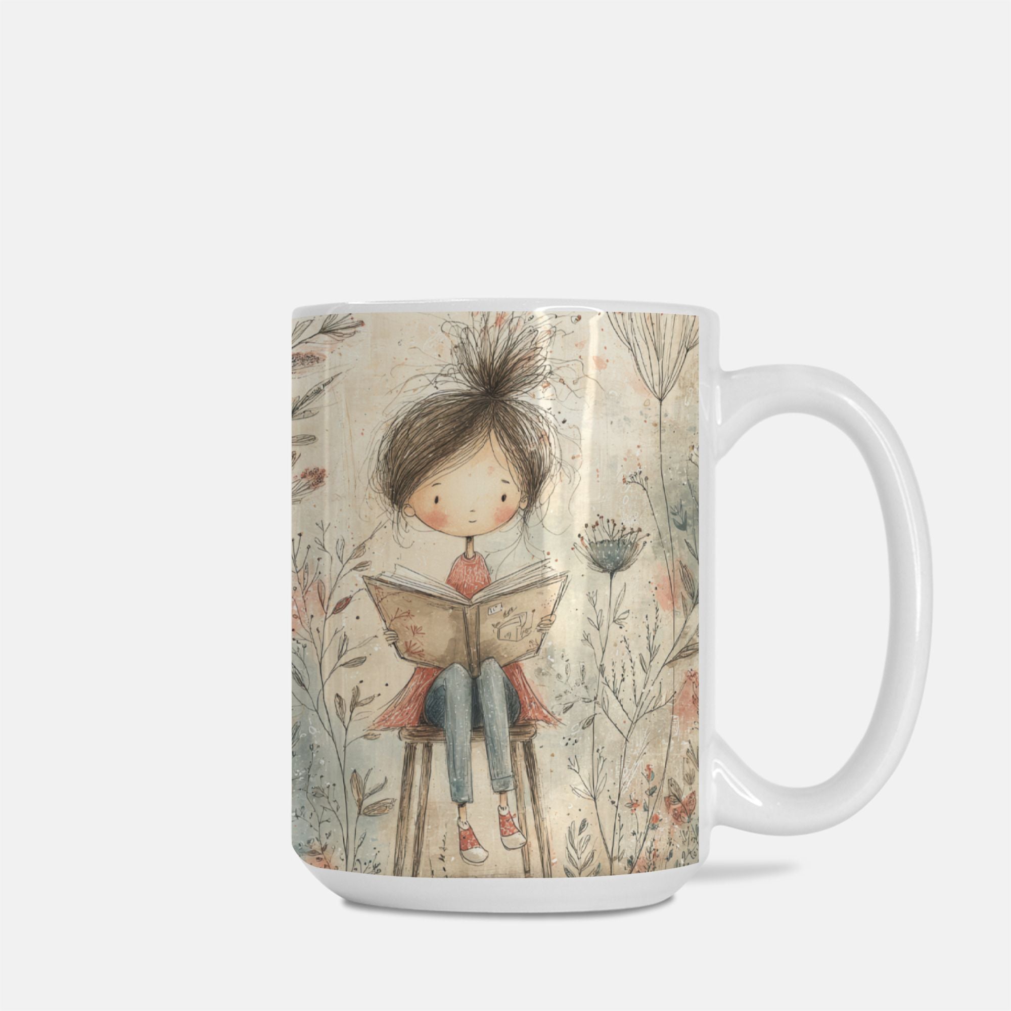 Mug with a design of a girl reading a book in a floral setting on a white background