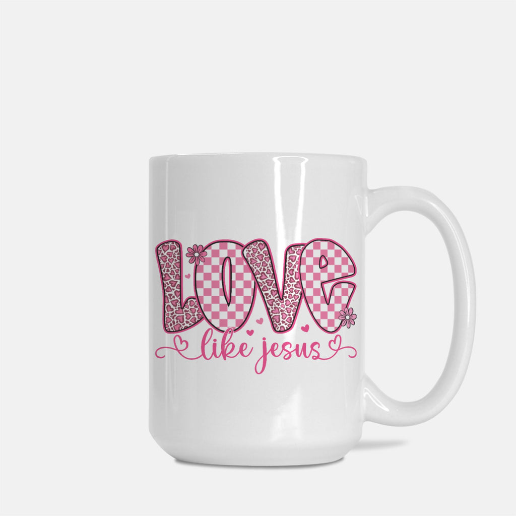 White mug with pink 'Love like Jesus' text on a white background