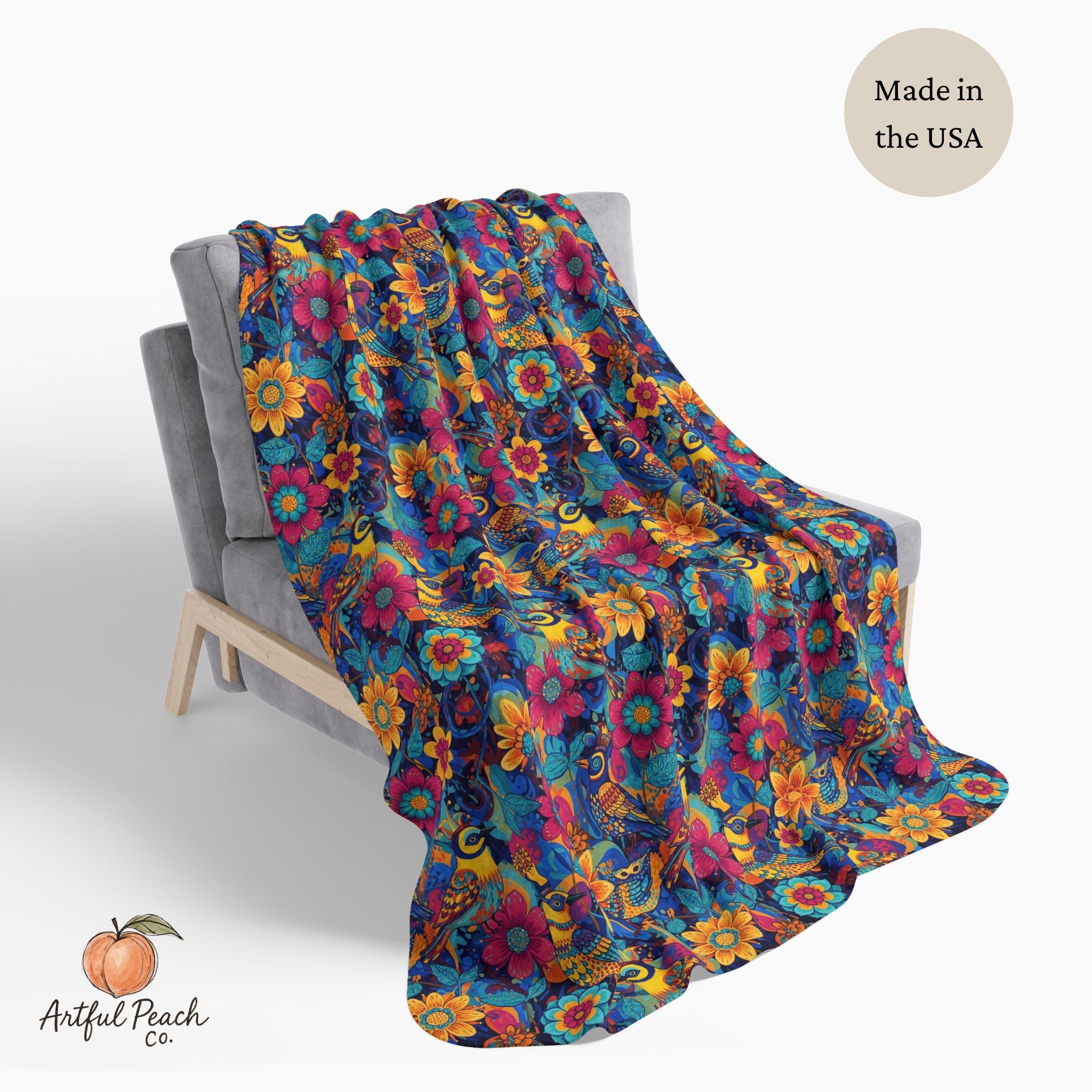 Floral Vintage Bird Fleece Sherpa Blanket — Colorful Boho Flower Throw