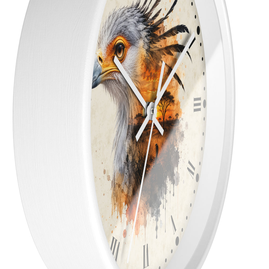A round wall clock with a white frame and a printed bird face design on the face. The artwork shows a detailed bird portrait in gray, orange, brown, and cream tones, with white clock hands and black Roman numerals.