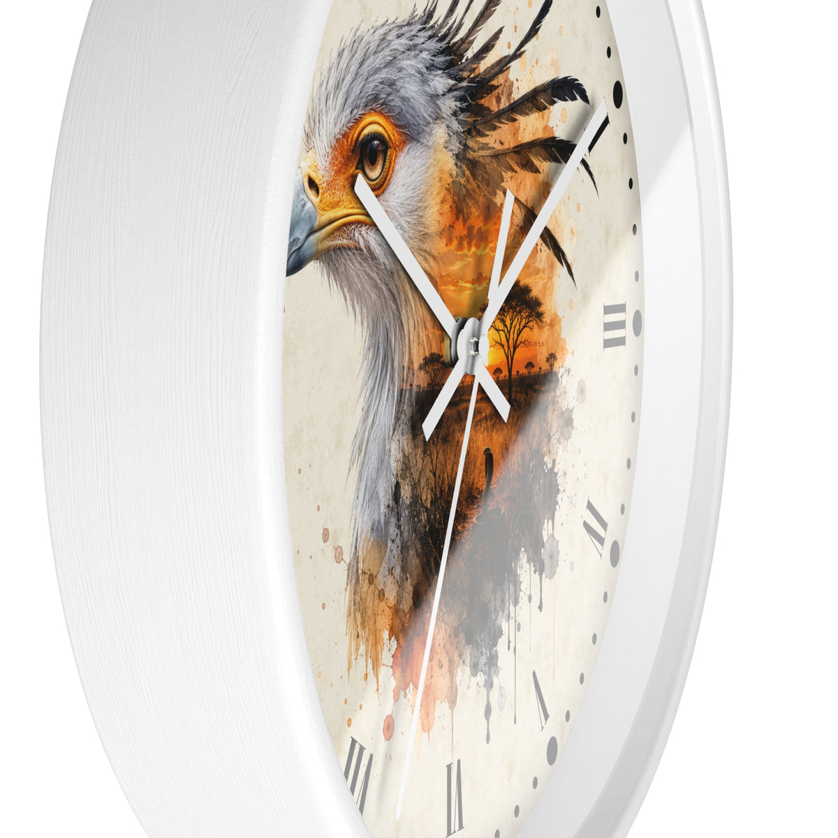 A round wall clock with a white frame and a printed bird face design on the face. The artwork shows a detailed bird portrait in gray, orange, brown, and cream tones, with white clock hands and black Roman numerals.