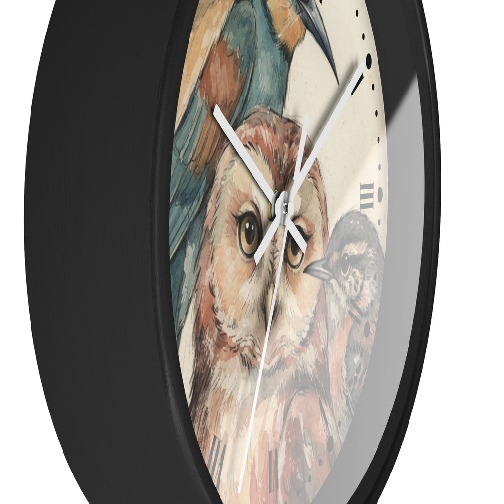 A close-up of a round wall clock with a black frame and a bird illustration on the face, showing an owl, a bluebird, and a small chick on a light background.