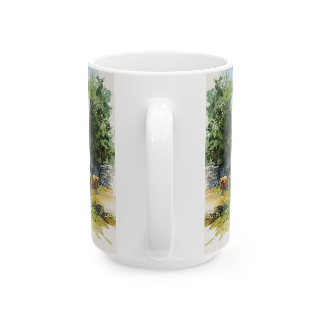 White mug with a scenic design of trees and a path on a white background