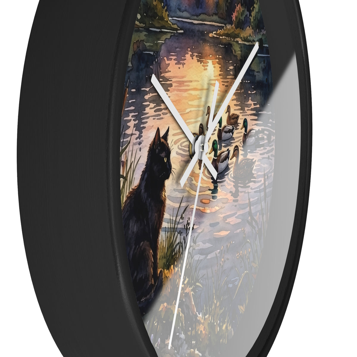 Black Cat and Ducks at Sunset Lake Wood Wall Clock