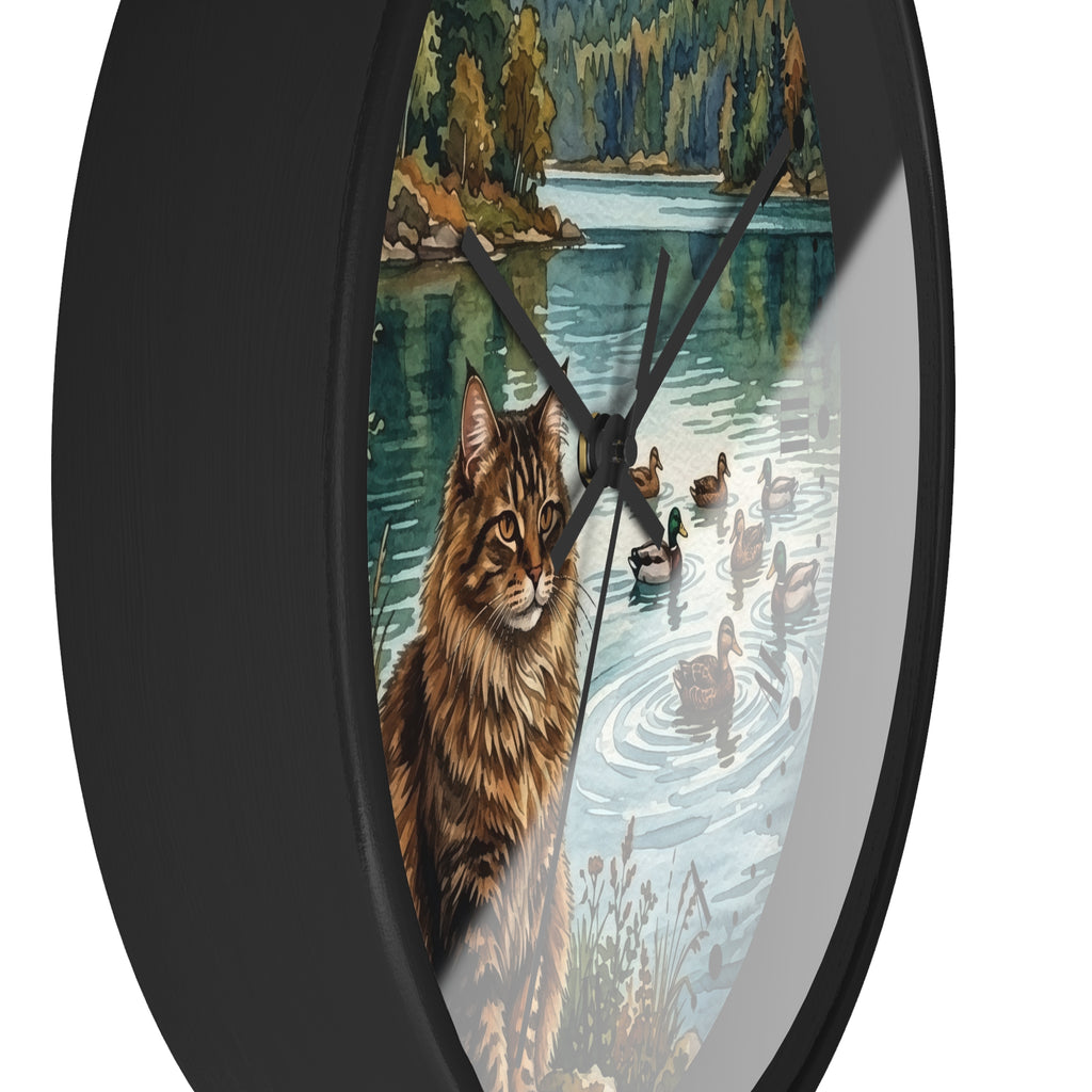 Main Coon Tabby Cat and Ducks by a Peaceful Lakeside Wood Wall Clock