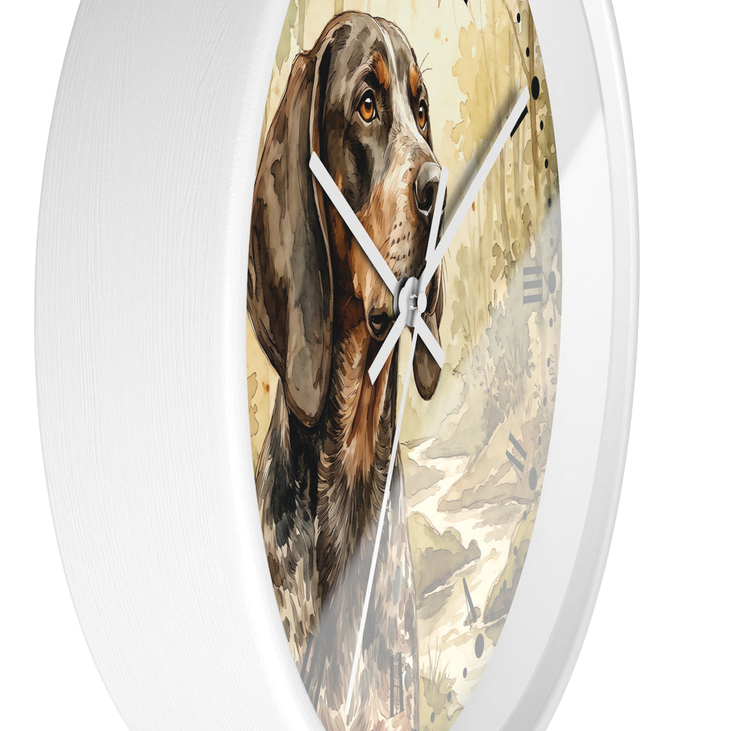 Round wall clock with a white frame and a printed illustration of a brown and black hunting dog on the face, with white hour and minute hands and no visible numbers.