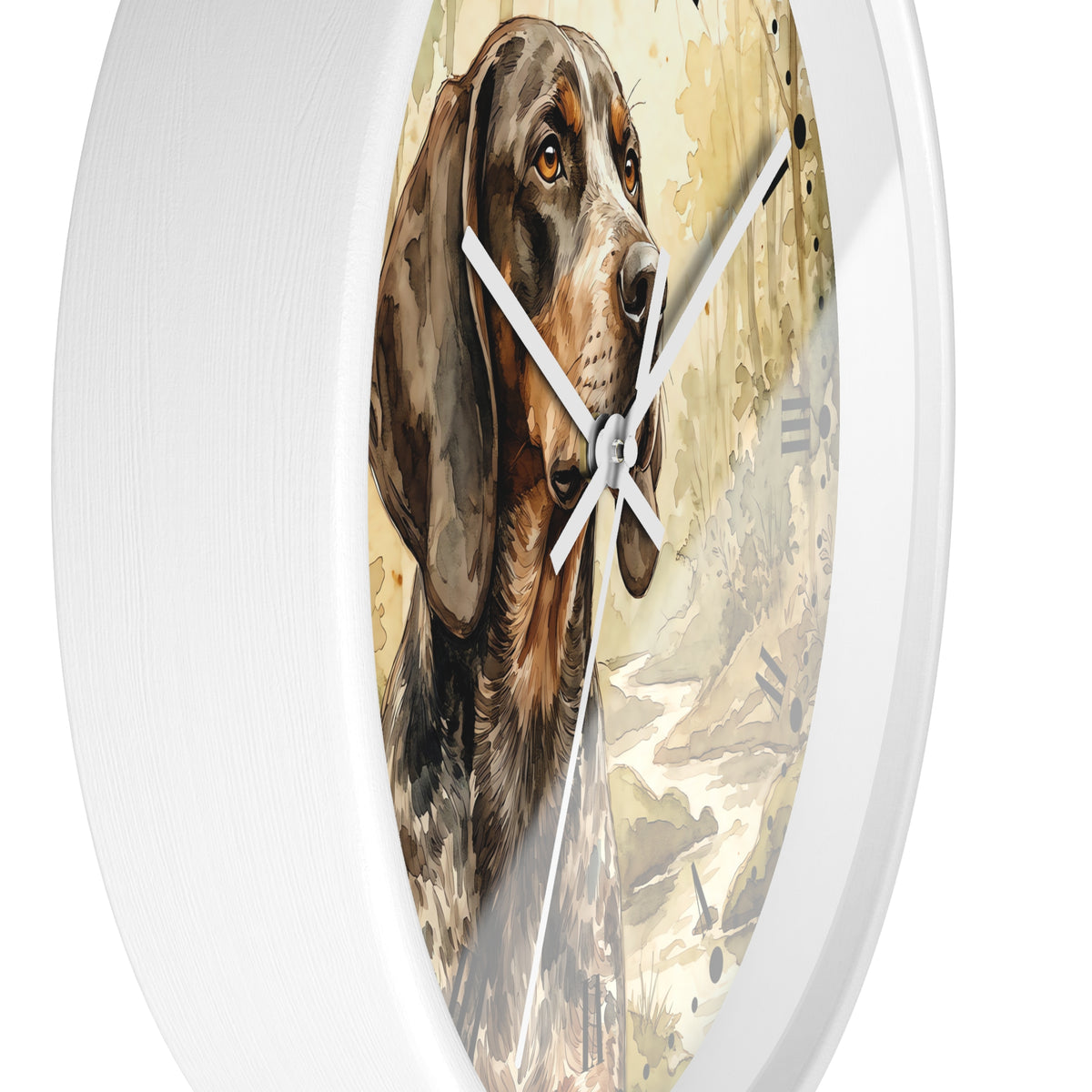 Round wall clock with a white frame and a printed illustration of a brown and black hunting dog on the face, with white hour and minute hands and no visible numbers.