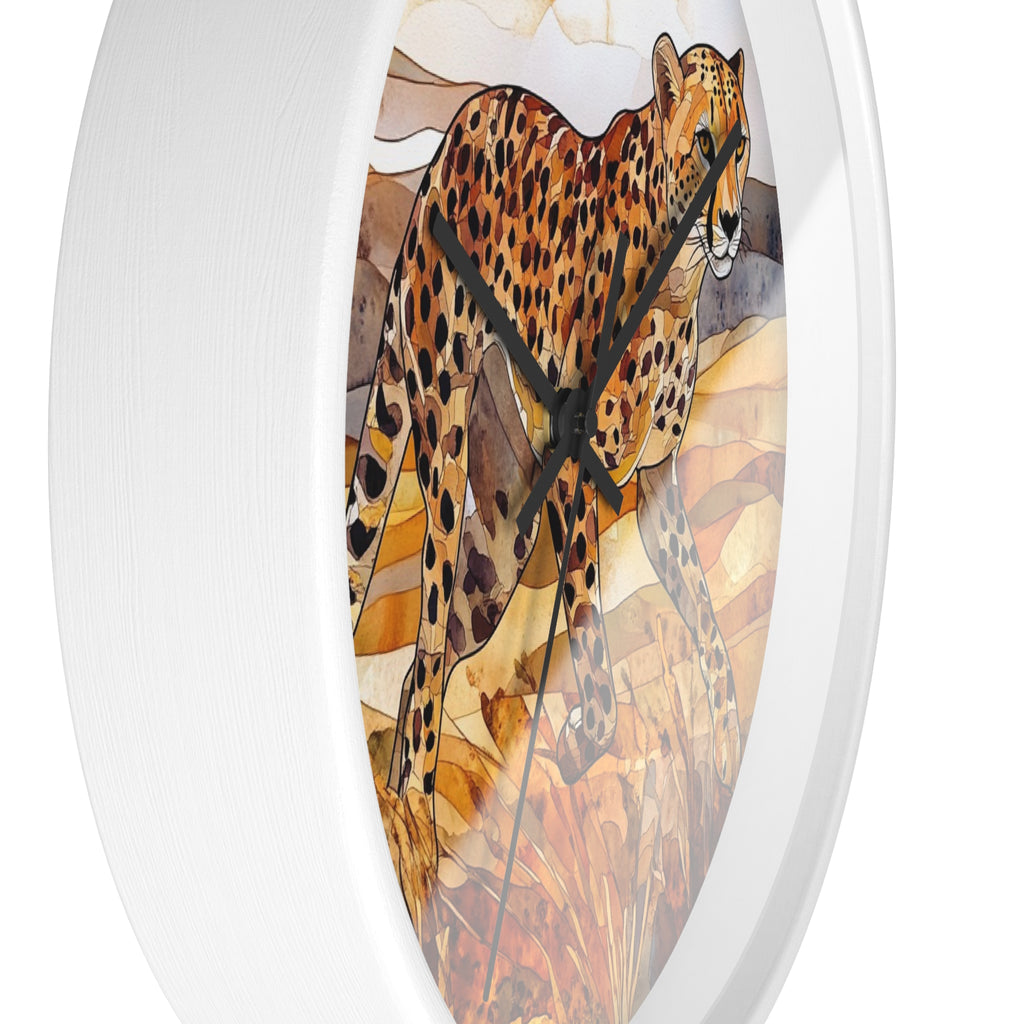 An oval wall clock with a white frame and a printed artwork of a cheetah in warm tan, brown, and black tones, shown against a white background.
