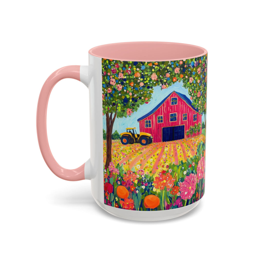 Mug with a colorful design of a red barn, tractor, and flowers on a white background