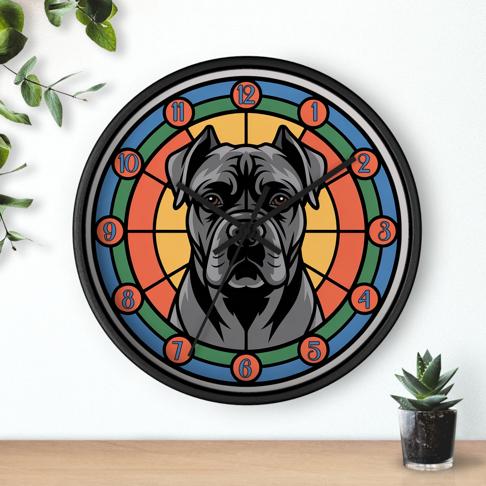Wall clock with a cane Corso dog illustration on a colorful circular design, placed on a white wall with a plant and small pot in the background.