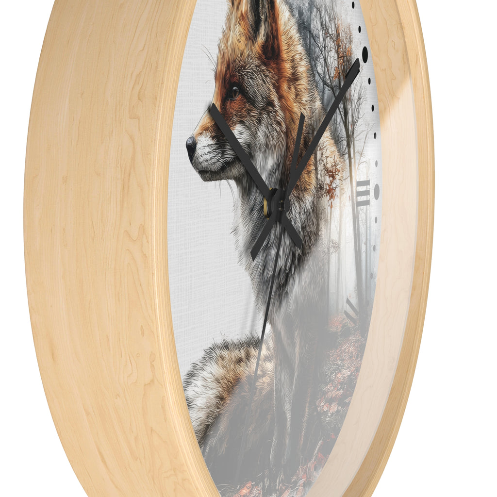 Round wall clock with a light natural wood frame and a printed fox portrait on the face, shown against a plain white background.