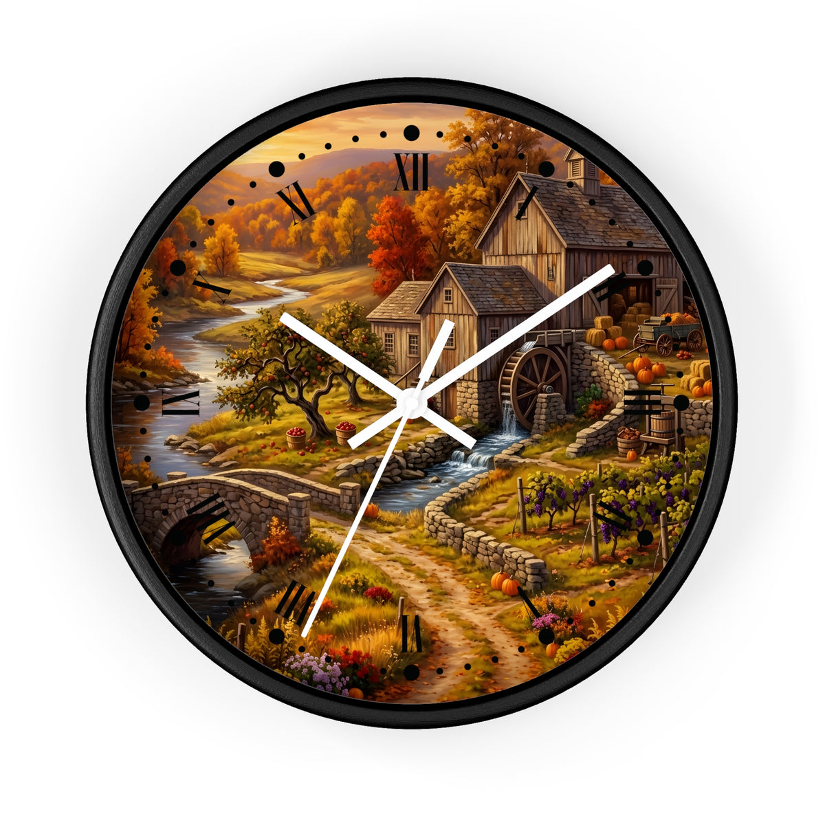 Round wall clock with a black frame and a scenic autumn landscape printed on the face, featuring a watermill, bridge, stream, vineyard, and stone buildings. White clock hands and black Roman numerals are visible against a plain white background.