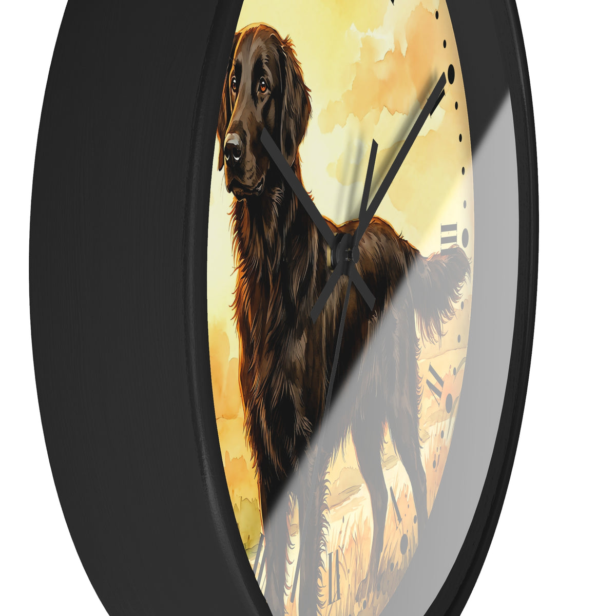 Round wall clock with a black frame and a printed illustration of a long-haired brown dog on a warm yellow and beige background, shown against a white studio background.
