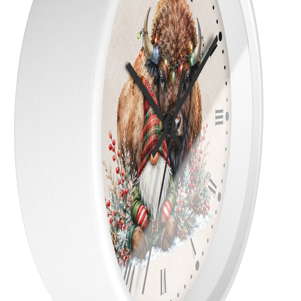 Christmas Buffalo & Gnome Wall Clock — Festive Holiday Home Decor