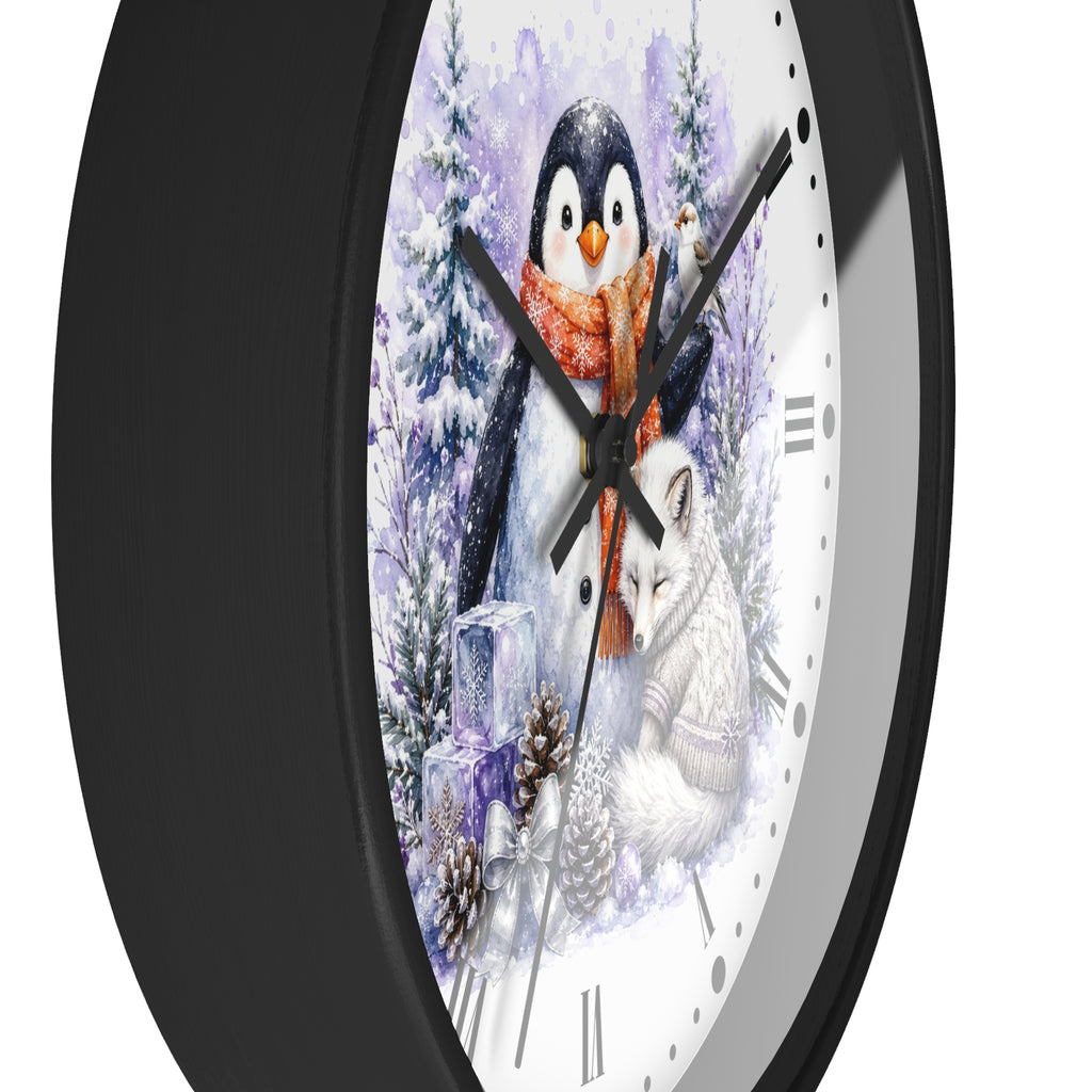 Winter Penguin & Fox Wall Clock – Festive Snowy Forest Decor