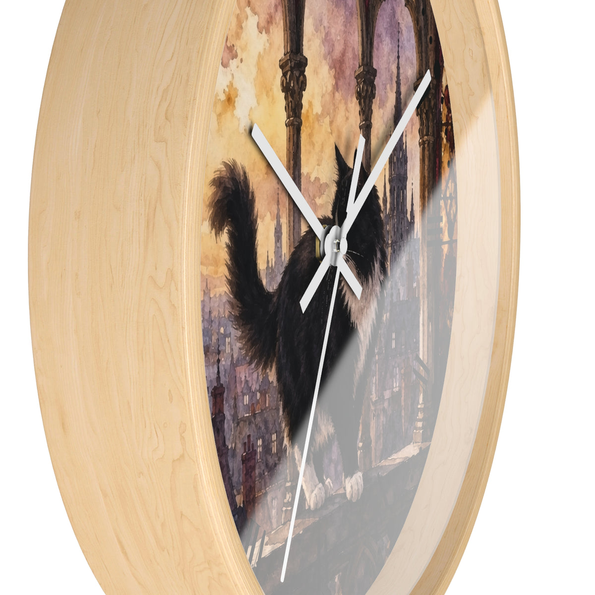 Gothic Black Tuxedo Cat Cathedral Wood Wall Clock