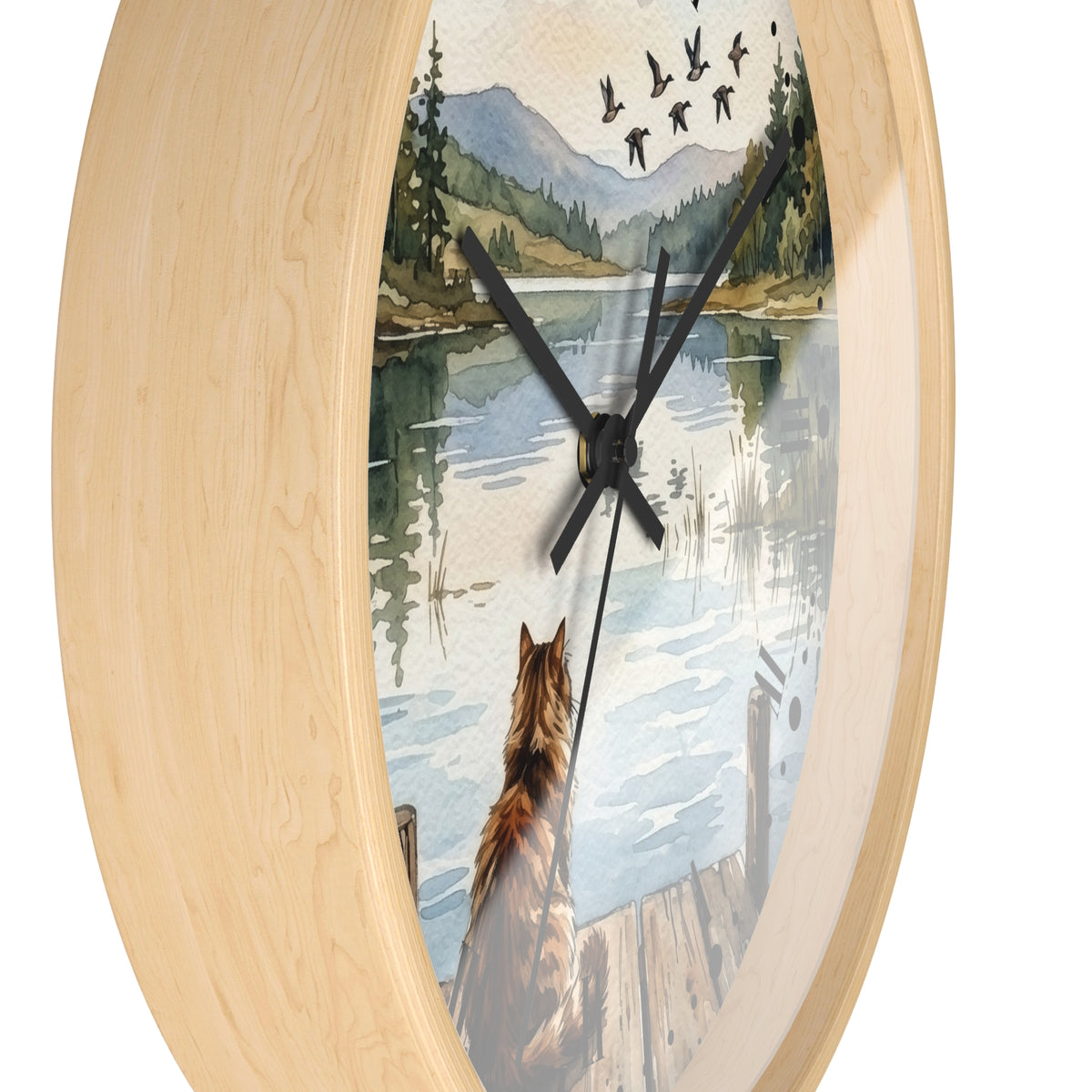 Lakefront Cat Watching Ducks Wall Clock —  Scenic Animal Decor