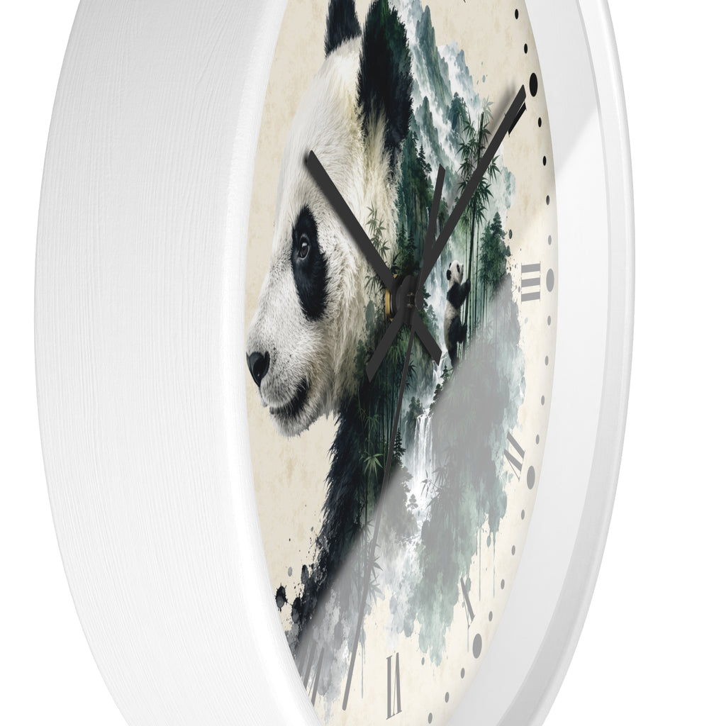 A round wall clock with a white frame and a printed panda illustration over a watercolor-style landscape on the clock face.