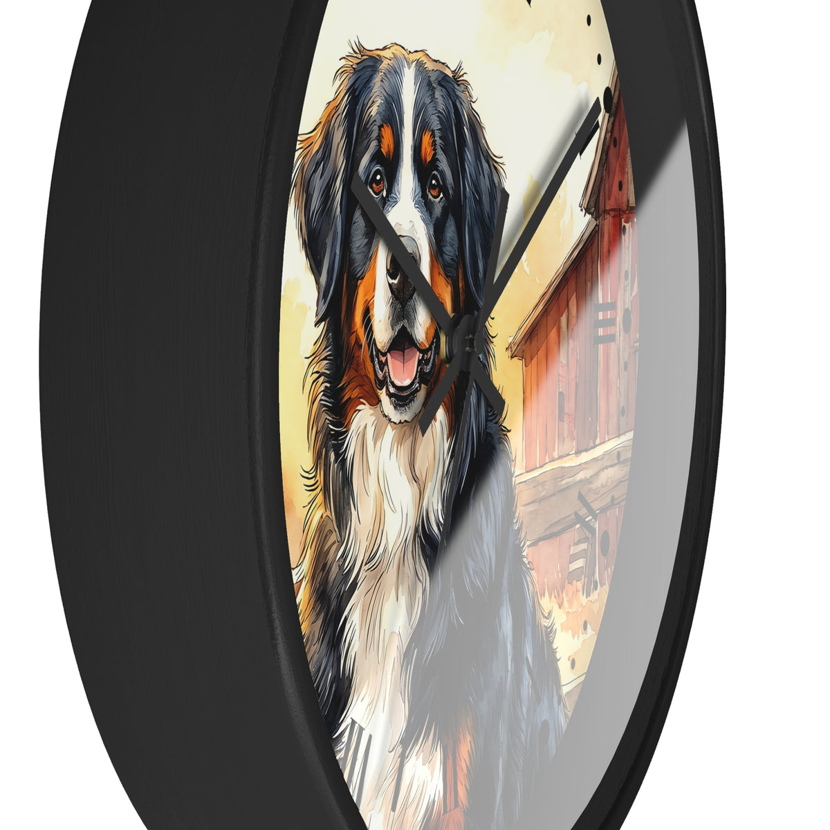 Round wall clock with a black frame and a printed illustration of a Bernese mountain dog in front of a red barn, shown against a white background.